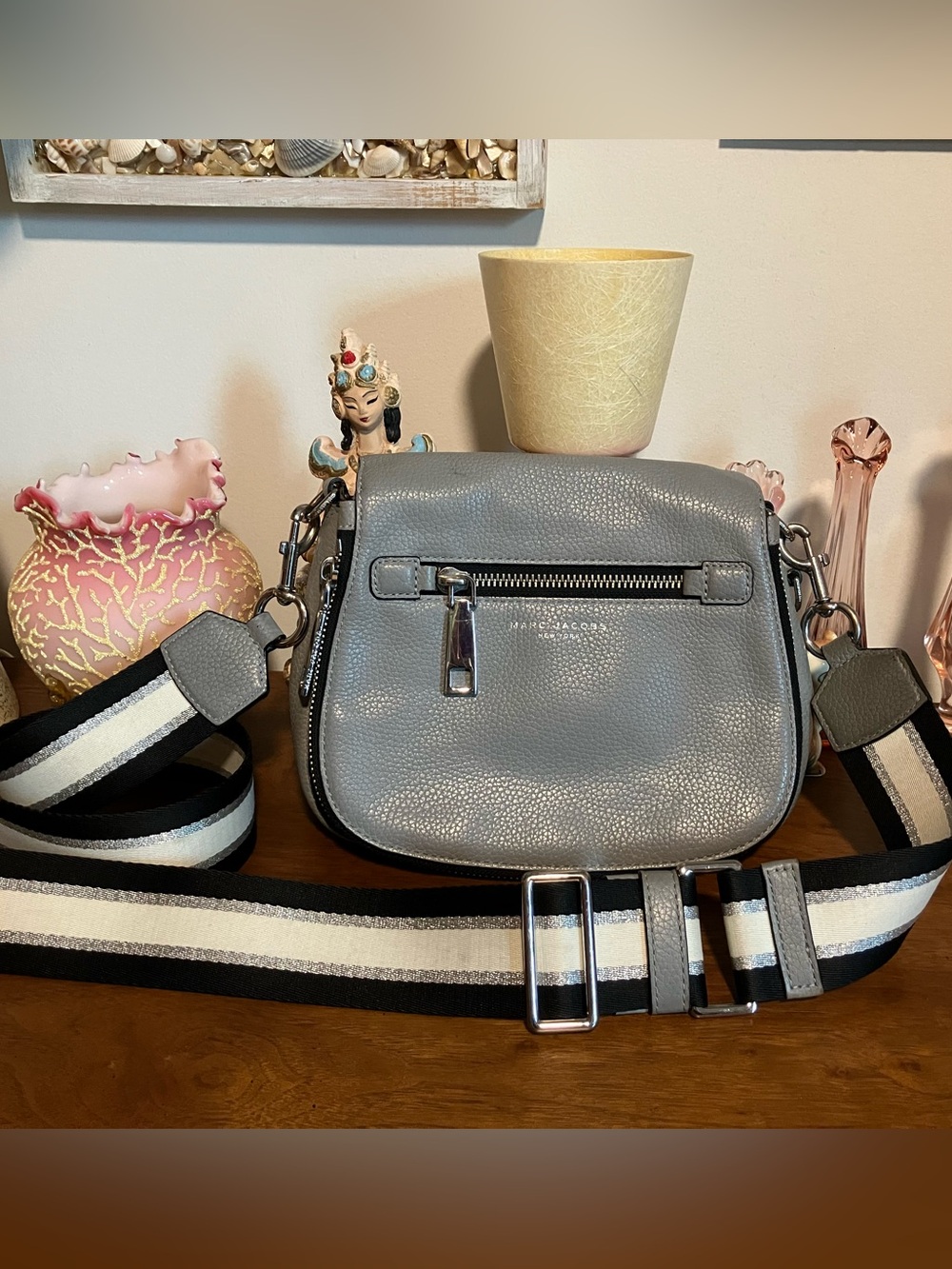 Marc Jacobs Small Pebbled Gray Leather Saddle Crossbody with Striped Wide Strap